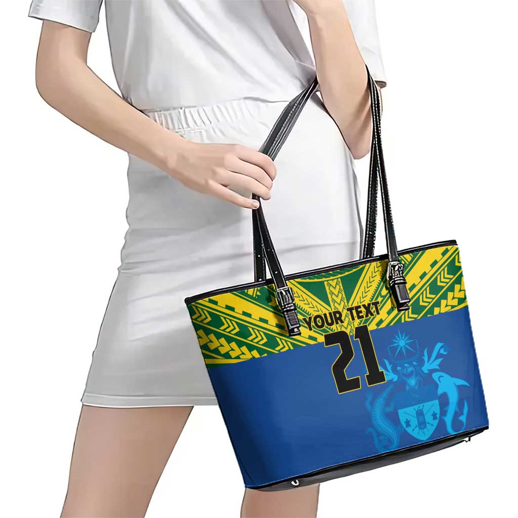 Solomon Islands Rugby Custom Leather Tote Bag Simple Coat of arm Polynesian Pattern