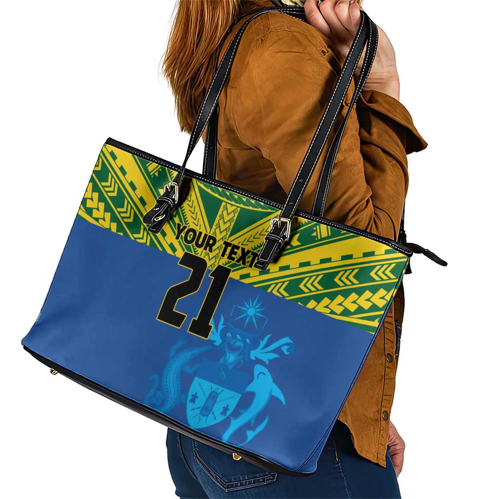 Solomon Islands Rugby Custom Leather Tote Bag Simple Coat of arm Polynesian Pattern