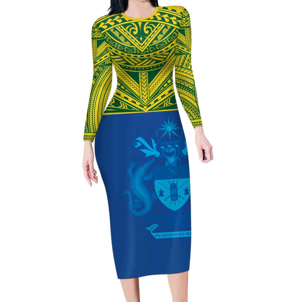 Solomon Islands Rugby Custom Long Sleeve Bodycon Dress Simple Coat of arm Polynesian Pattern