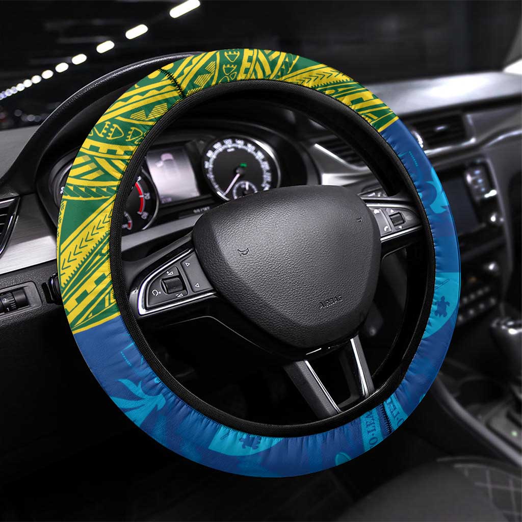 Solomon Islands Rugby Steering Wheel Cover Simple Coat of arm Polynesian Pattern LT9 Universal Fit Gold - Polynesian Pride