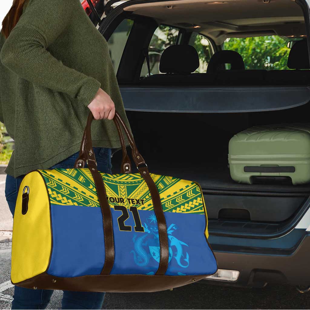 Solomon Islands Rugby Custom Travel Bag Simple Coat of arm Polynesian Pattern - Polynesian Pride