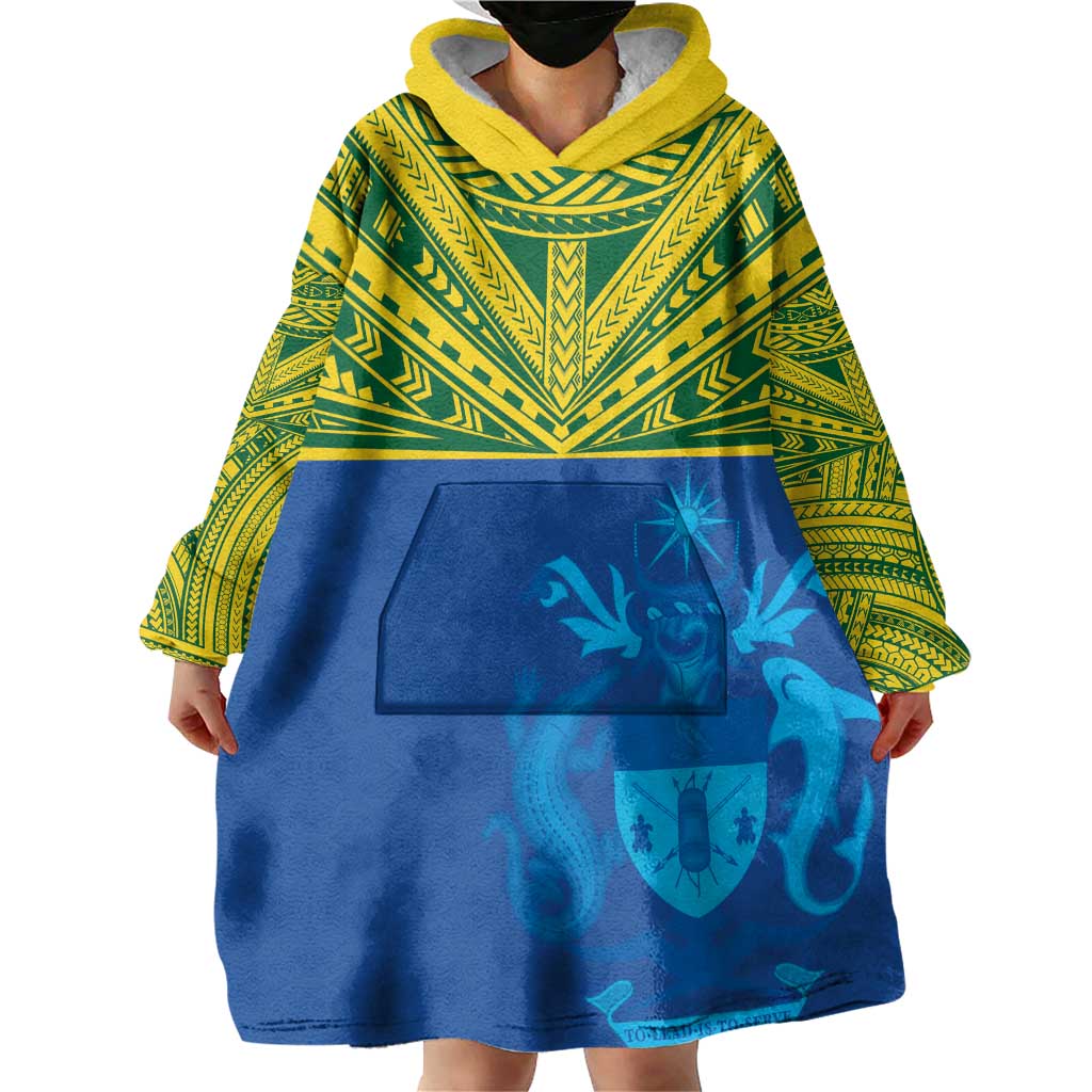Solomon Islands Rugby Custom Wearable Blanket Hoodie Simple Coat of arm Polynesian Pattern