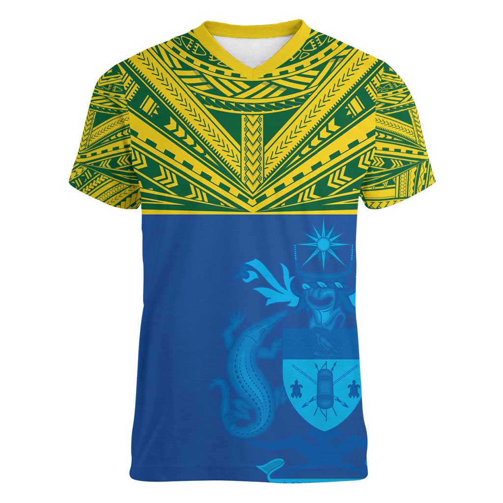 Solomon Islands Rugby Custom Women V-Neck T-Shirt Simple Coat of arm Polynesian Pattern