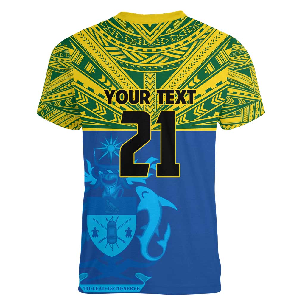 Solomon Islands Rugby Custom Women V-Neck T-Shirt Simple Coat of arm Polynesian Pattern