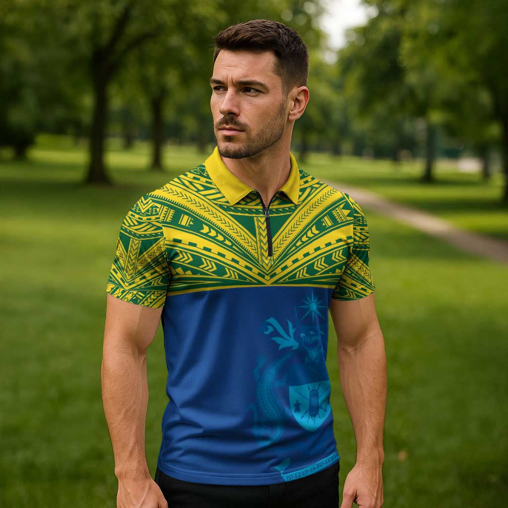 Solomon Islands Rugby Custom Zipper Polo Shirt Simple Coat of arm Polynesian Pattern - Polynesian Pride
