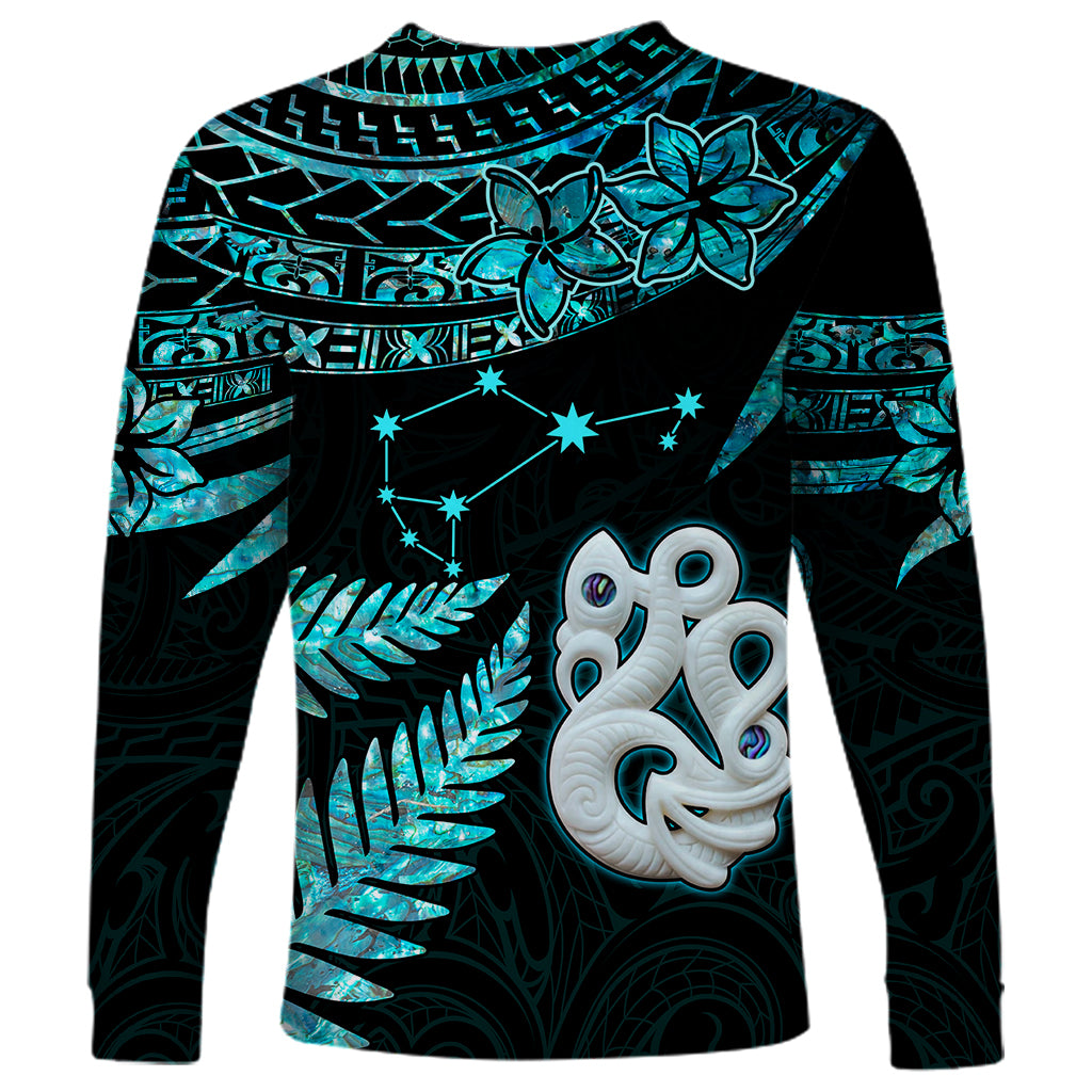 Matariki New Zealand Long Sleeve Shirt Maori Manaia with Paua Shell - Aqua LT9 - Polynesian Pride