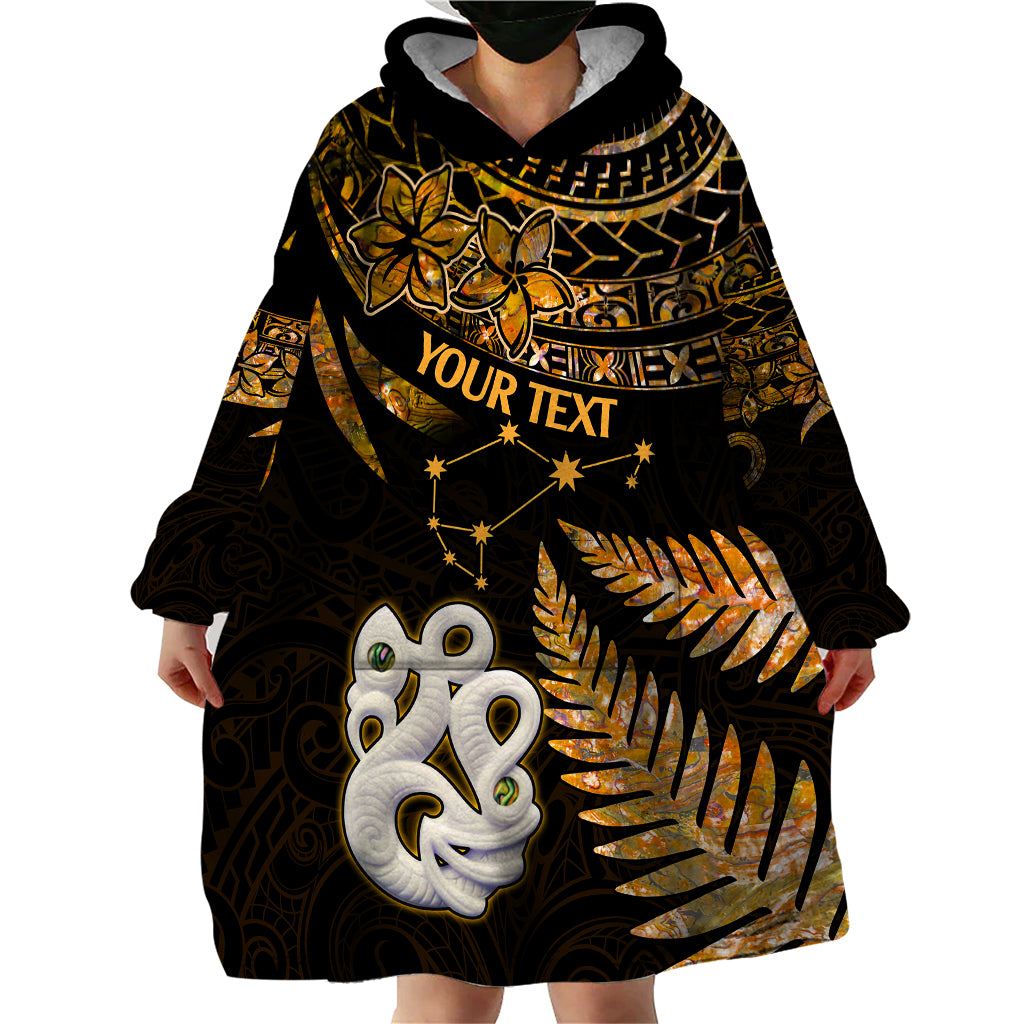 Custom Maori Wearable Blanket Hoodie Matariki Stars Manaia with Paua Shell - Gold LT9 - Polynesian Pride