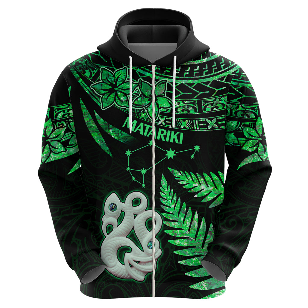 Maori Hoodie Matariki Stars Manaia with Paua Shell Green LT9 - Polynesian Pride