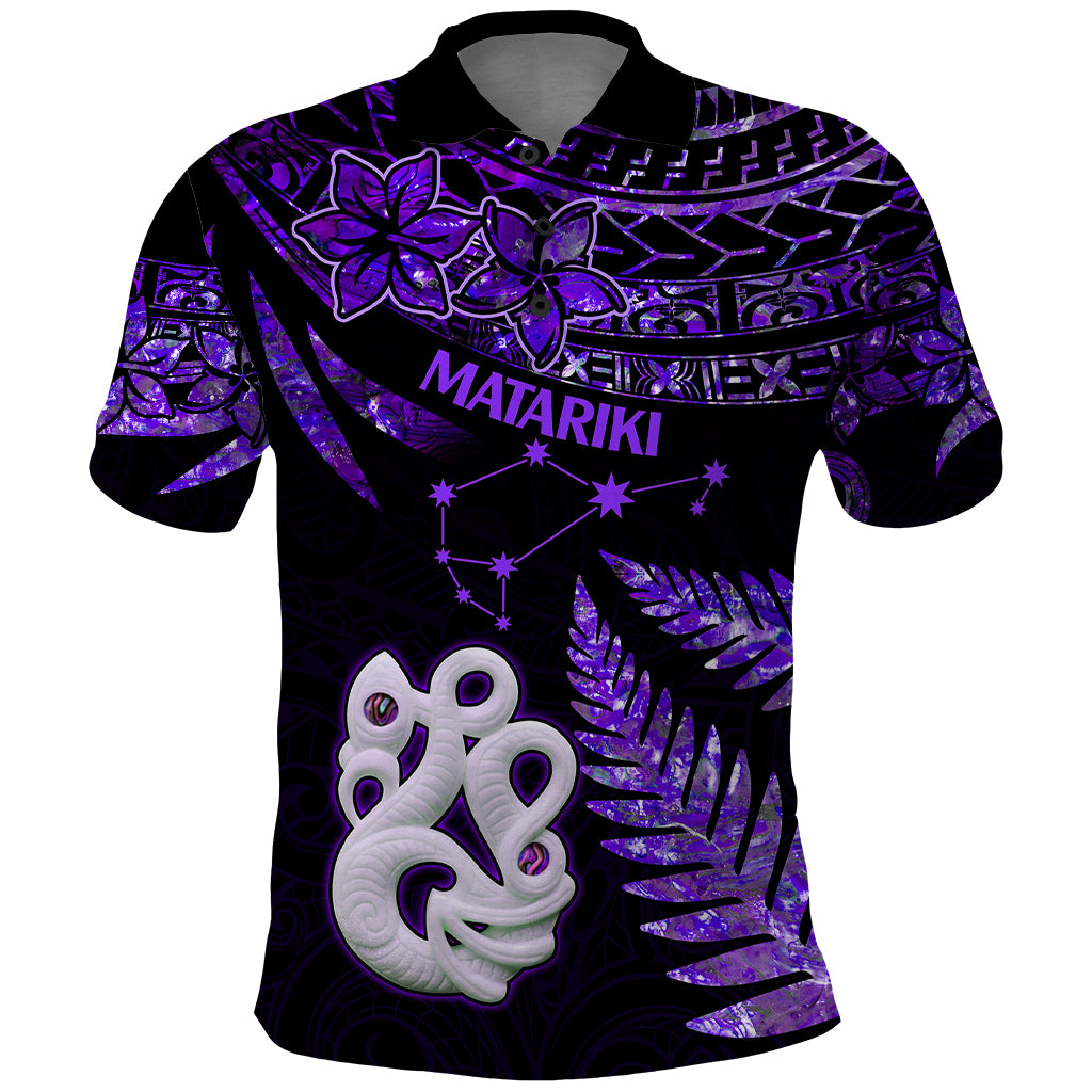 New Zealand Polo Shirt Matariki NZ Manaia with Paua Shell Purple LT9 Purple - Polynesian Pride