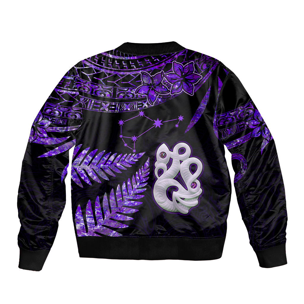 New Zealand Sleeve Zip Bomber Jacket Matariki NZ Manaia with Paua Shell - Purple LT9 - Polynesian Pride