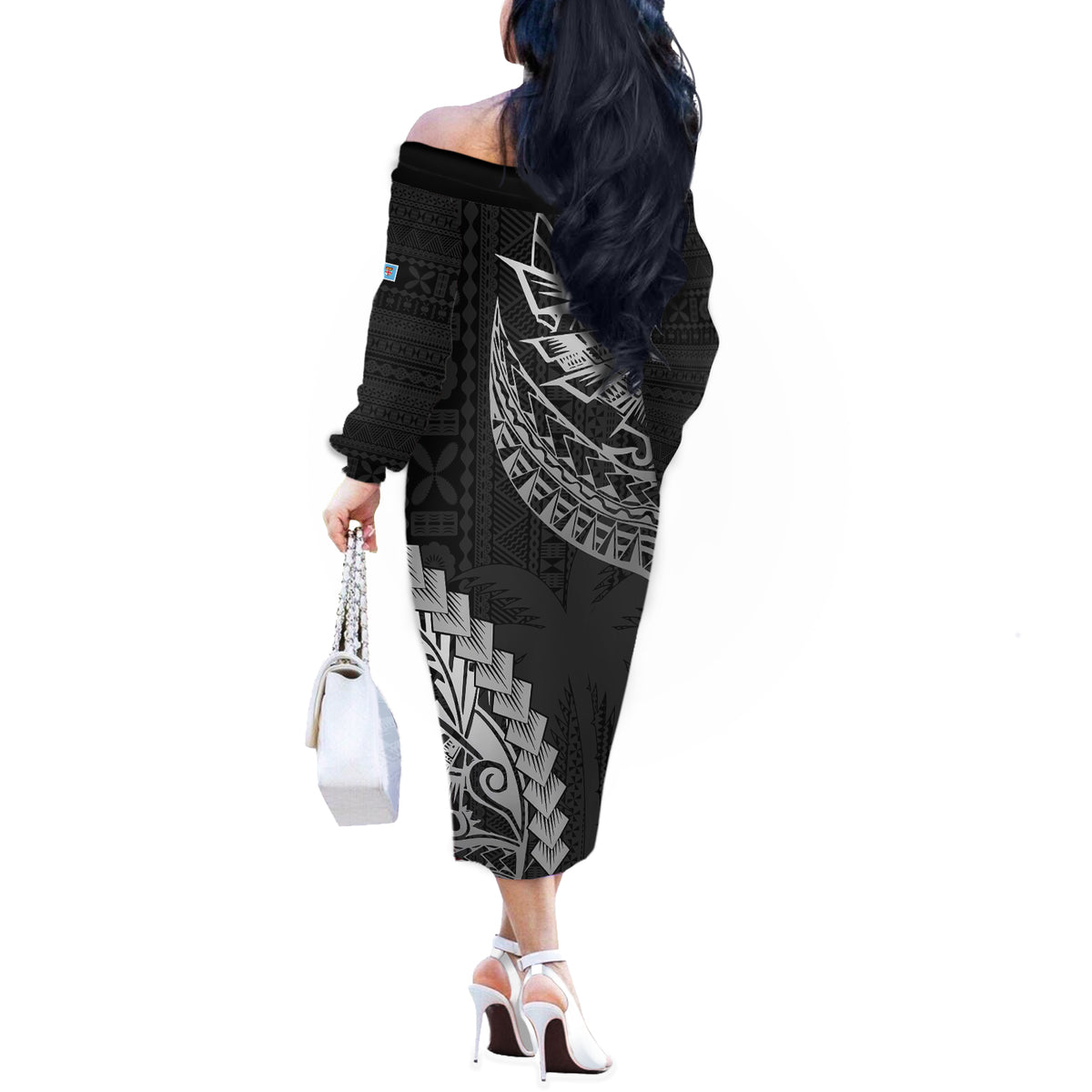 Fiji Rugby Off The Shoulder Long Sleeve Dress Kaiviti Fijian Tribal World Cup Black LT9 - Polynesian Pride