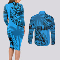 Fiji Rugby Couples Matching Long Sleeve Bodycon Dress and Long Sleeve Button Shirt Kaiviti Fijian Tribal World Cup Blue No1 LT9 - Polynesian Pride