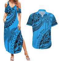 Fiji Rugby Couples Matching Summer Maxi Dress and Hawaiian Shirt Kaiviti Fijian Tribal World Cup Blue No1 LT9 Blue - Polynesian Pride