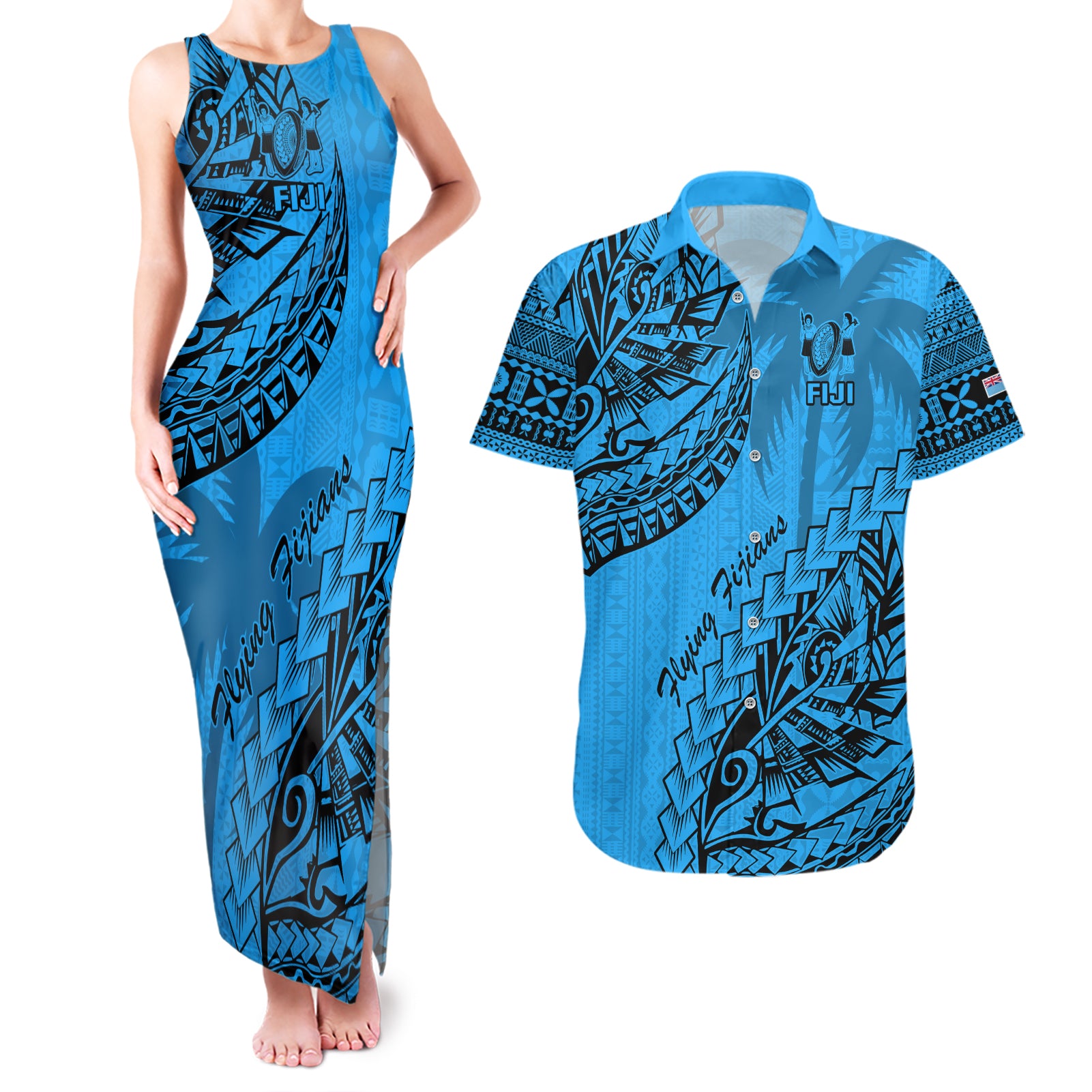 Fiji Rugby Couples Matching Tank Maxi Dress and Hawaiian Shirt Kaiviti Fijian Tribal World Cup Blue No1 LT9 Blue - Polynesian Pride