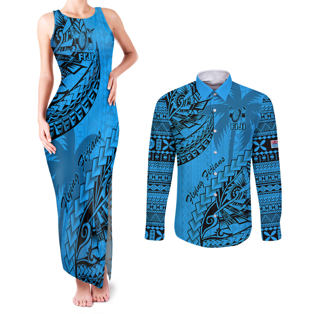 Fiji Rugby Couples Matching Tank Maxi Dress and Long Sleeve Button Shirt Kaiviti Fijian Tribal World Cup Blue No1 LT9 Blue - Polynesian Pride