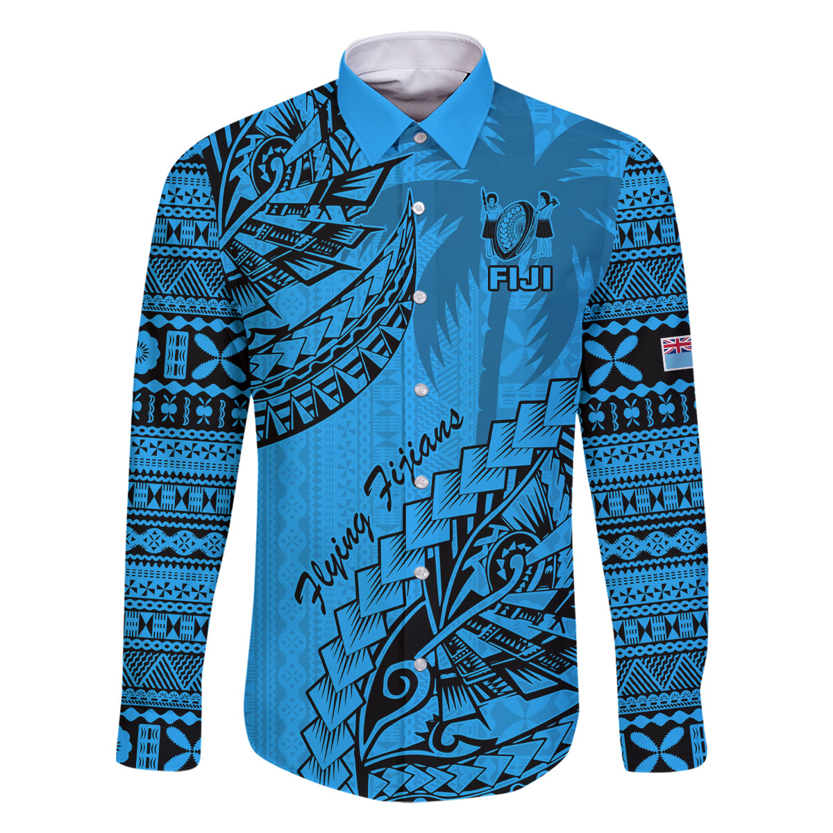 Fiji Rugby Family Matching Off Shoulder Short Dress and Hawaiian Shirt Kaiviti Fijian Tribal World Cup Blue No1 LT9 Dad's Shirt - Long Sleeve Blue - Polynesian Pride