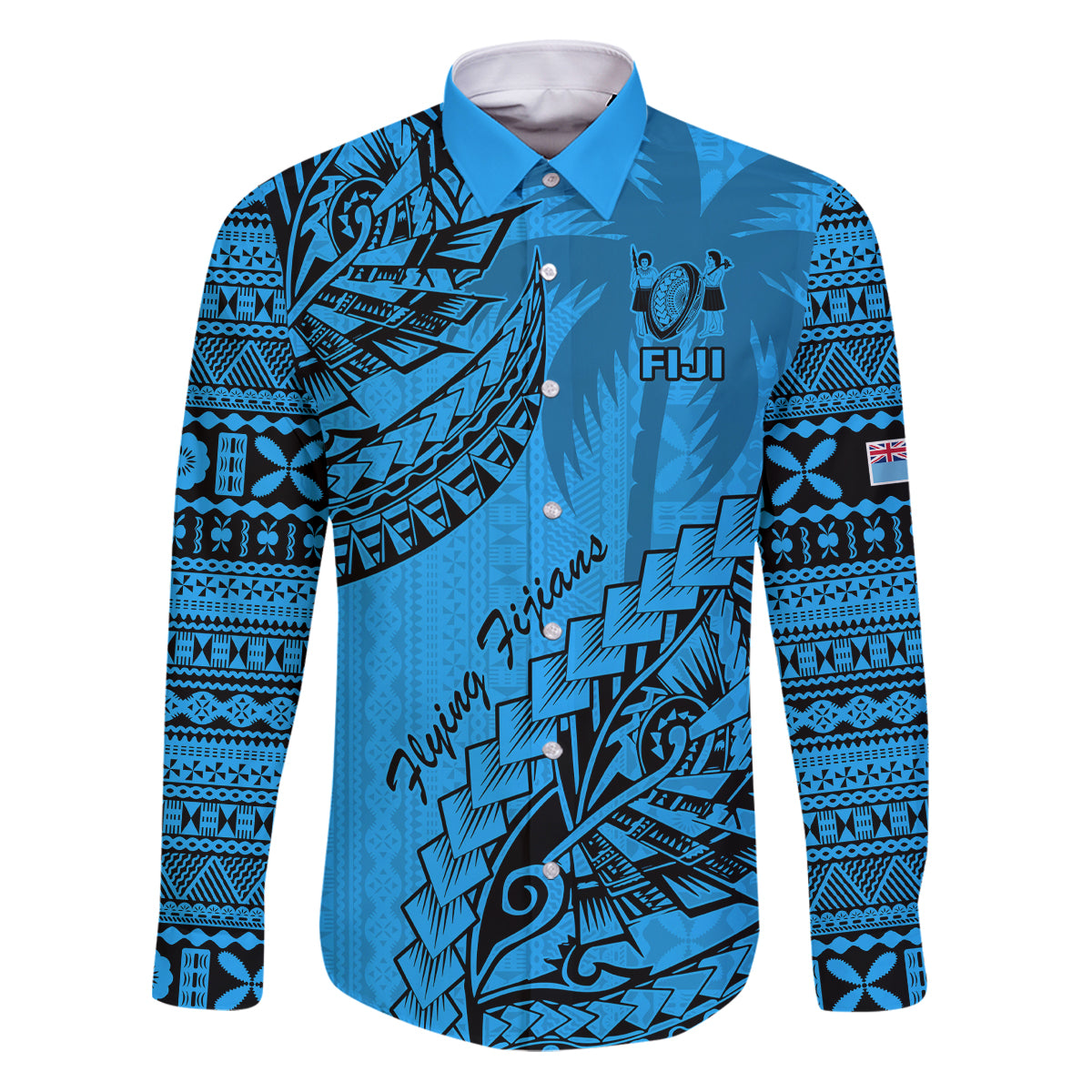 Fiji Rugby Family Matching Puletasi Dress and Hawaiian Shirt Kaiviti Fijian Tribal World Cup Blue No1 LT9 Dad's Shirt - Long Sleeve Blue - Polynesian Pride