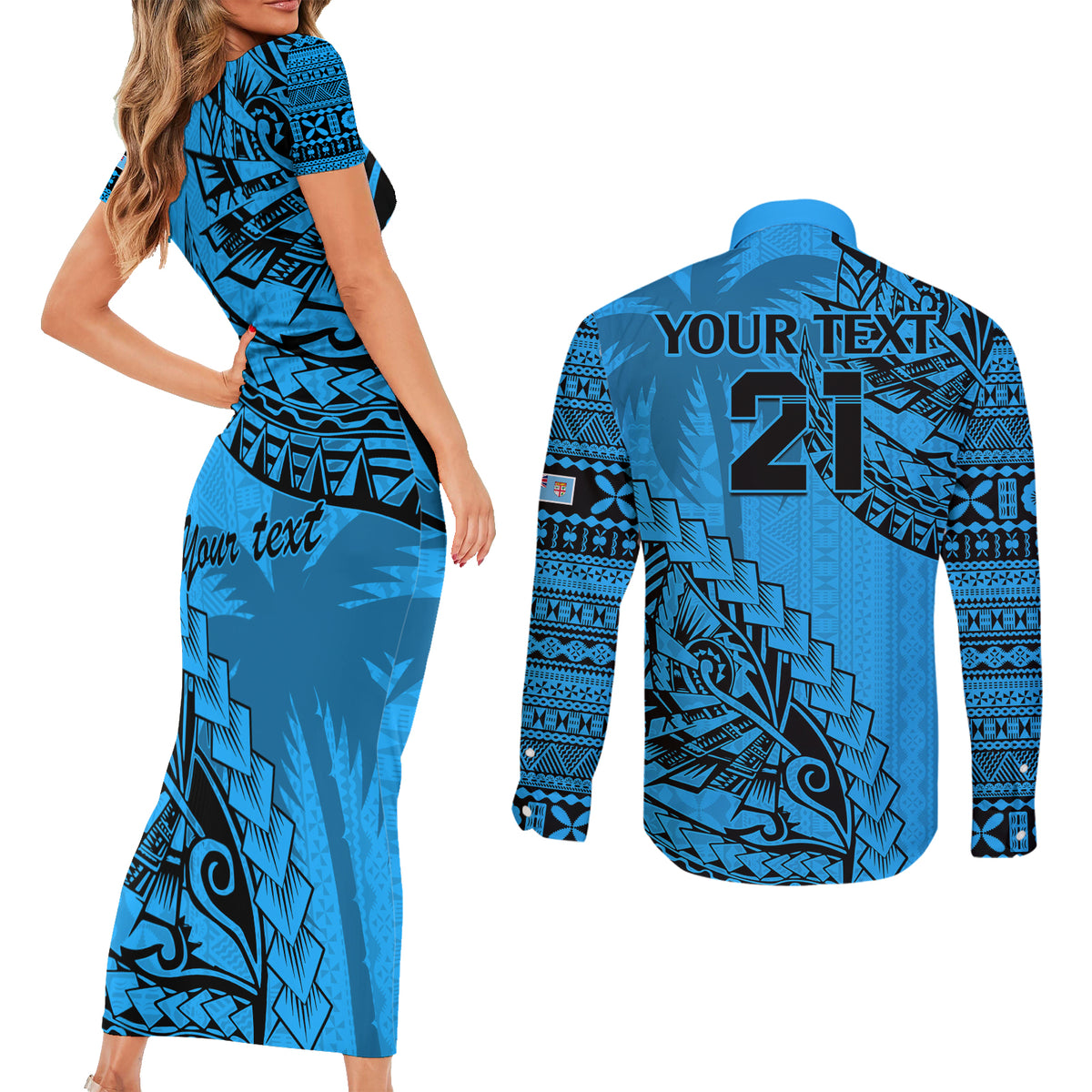 Custom Fiji Rugby Couples Matching Short Sleeve Bodycon Dress and Long Sleeve Button Shirt Kaiviti Fijian Tribal World Cup Blue No1 LT9 - Polynesian Pride