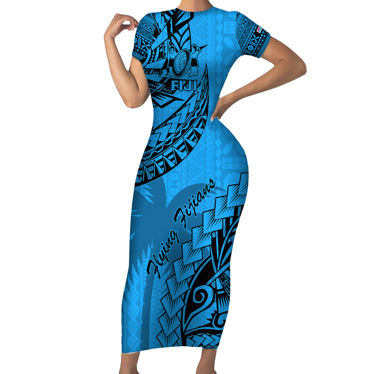 Custom Fiji Rugby Short Sleeve Bodycon Dress Kaiviti Fijian Tribal World Cup Blue No1 LT9 Long Dress Blue - Polynesian Pride