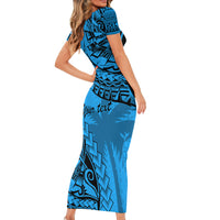 Custom Fiji Rugby Short Sleeve Bodycon Dress Kaiviti Fijian Tribal World Cup Blue No1 LT9 - Polynesian Pride