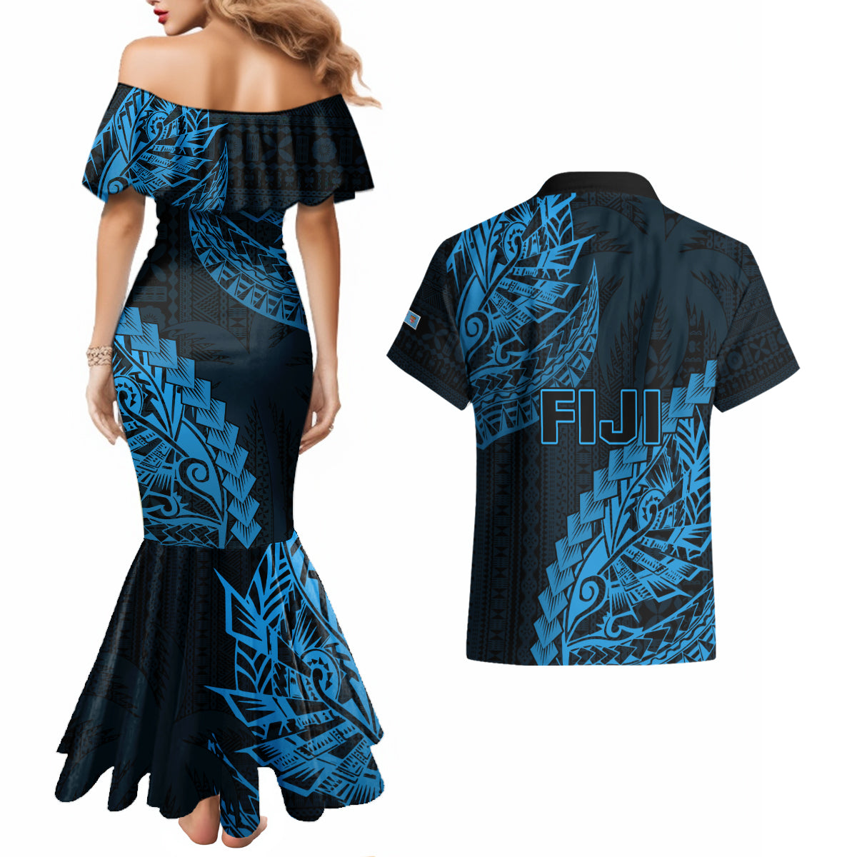 Fiji Rugby Couples Matching Mermaid Dress and Hawaiian Shirt Kaiviti Fijian Tribal World Cup Blue No2 LT9 - Polynesian Pride