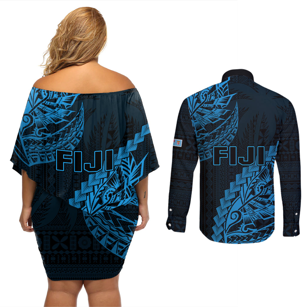 Fiji Rugby Couples Matching Off Shoulder Short Dress and Long Sleeve Button Shirt Kaiviti Fijian Tribal World Cup Blue No2 LT9 - Polynesian Pride