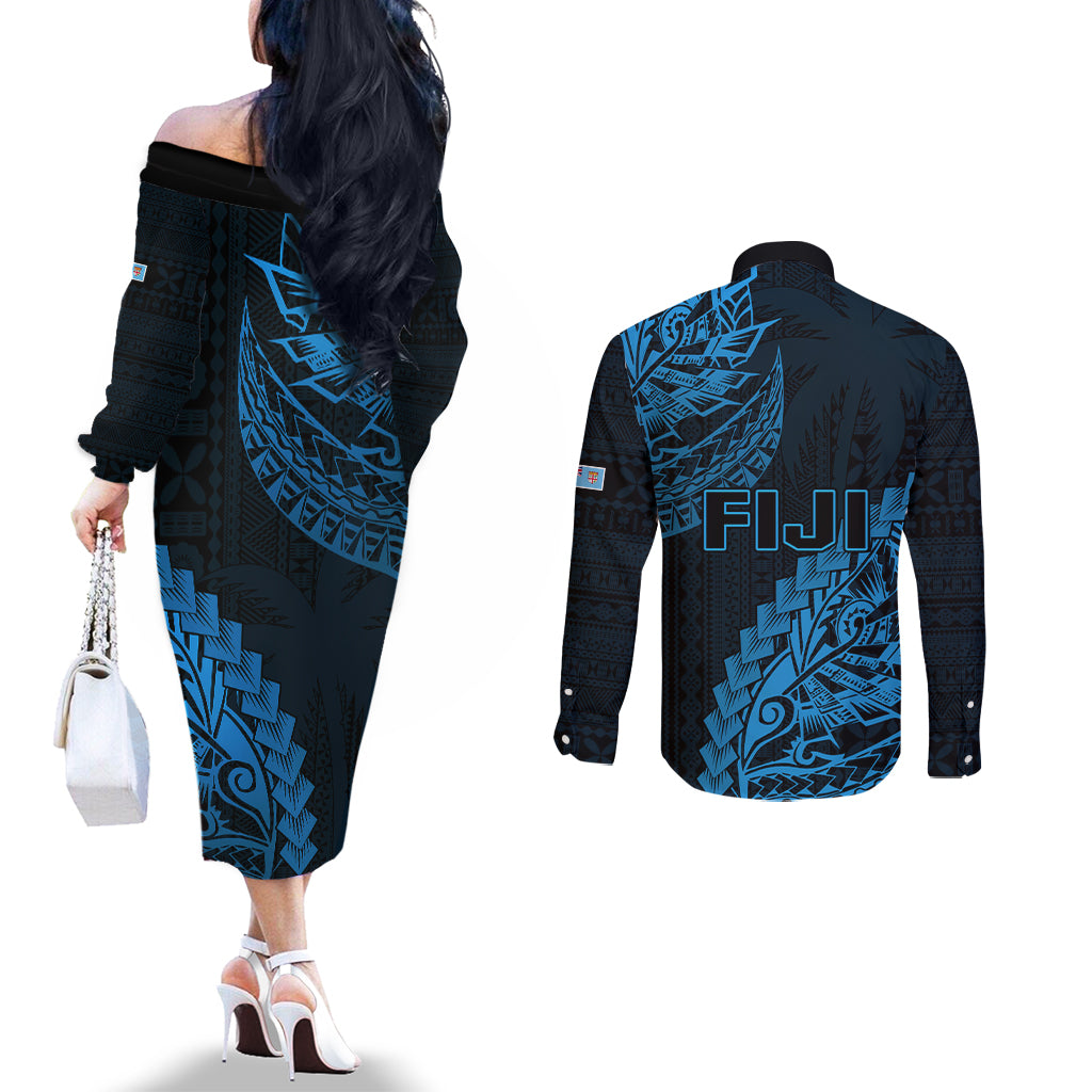 Fiji Rugby Couples Matching Off The Shoulder Long Sleeve Dress and Long Sleeve Button Shirt Kaiviti Fijian Tribal World Cup Blue No2 LT9 - Polynesian Pride