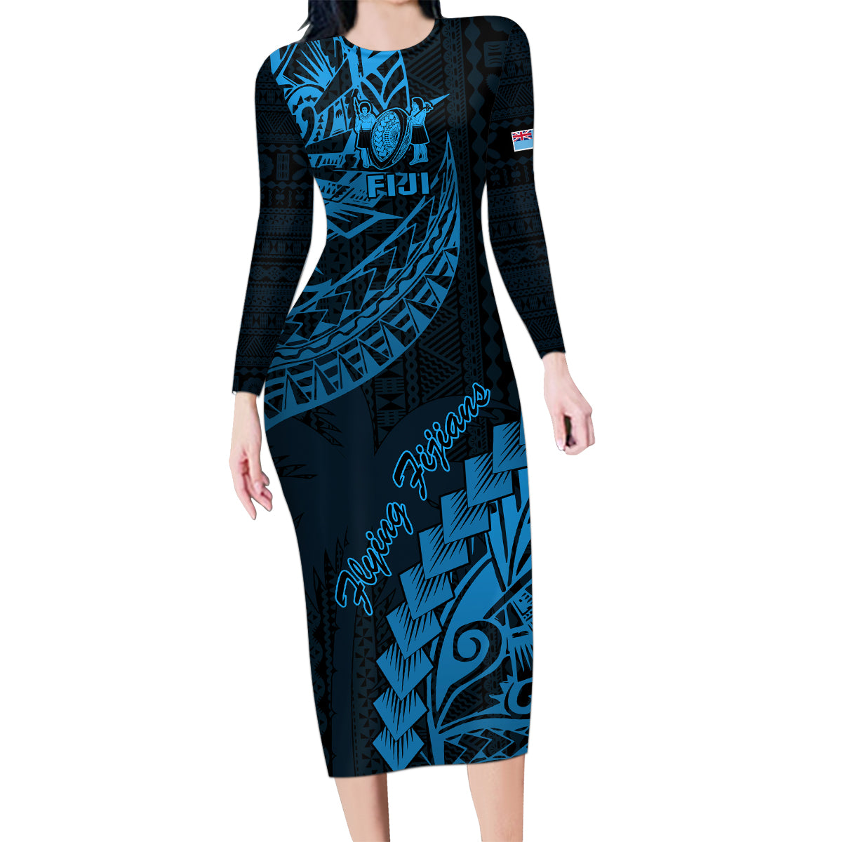Fiji Rugby Family Matching Long Sleeve Bodycon Dress and Hawaiian Shirt Kaiviti Fijian Tribal World Cup Blue No2 LT9 Mom's Dress Blue - Polynesian Pride