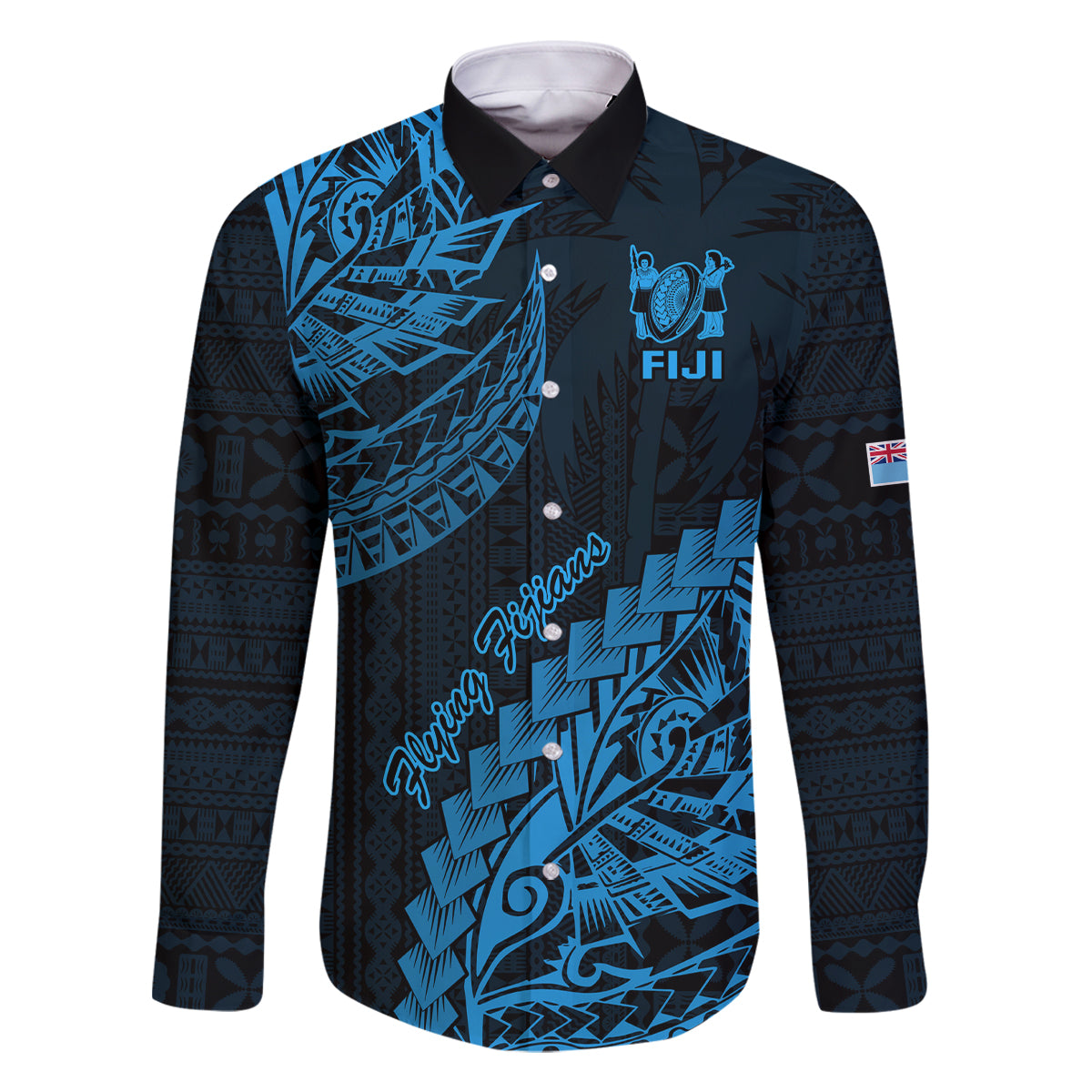 Fiji Rugby Family Matching Mermaid Dress and Hawaiian Shirt Kaiviti Fijian Tribal World Cup Blue No2 LT9 Dad's Shirt - Long Sleeve Blue - Polynesian Pride