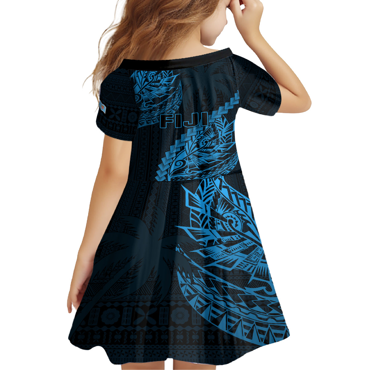 Fiji Rugby Kid Short Sleeve Dress Kaiviti Fijian Tribal World Cup Blue No2 LT9 - Polynesian Pride