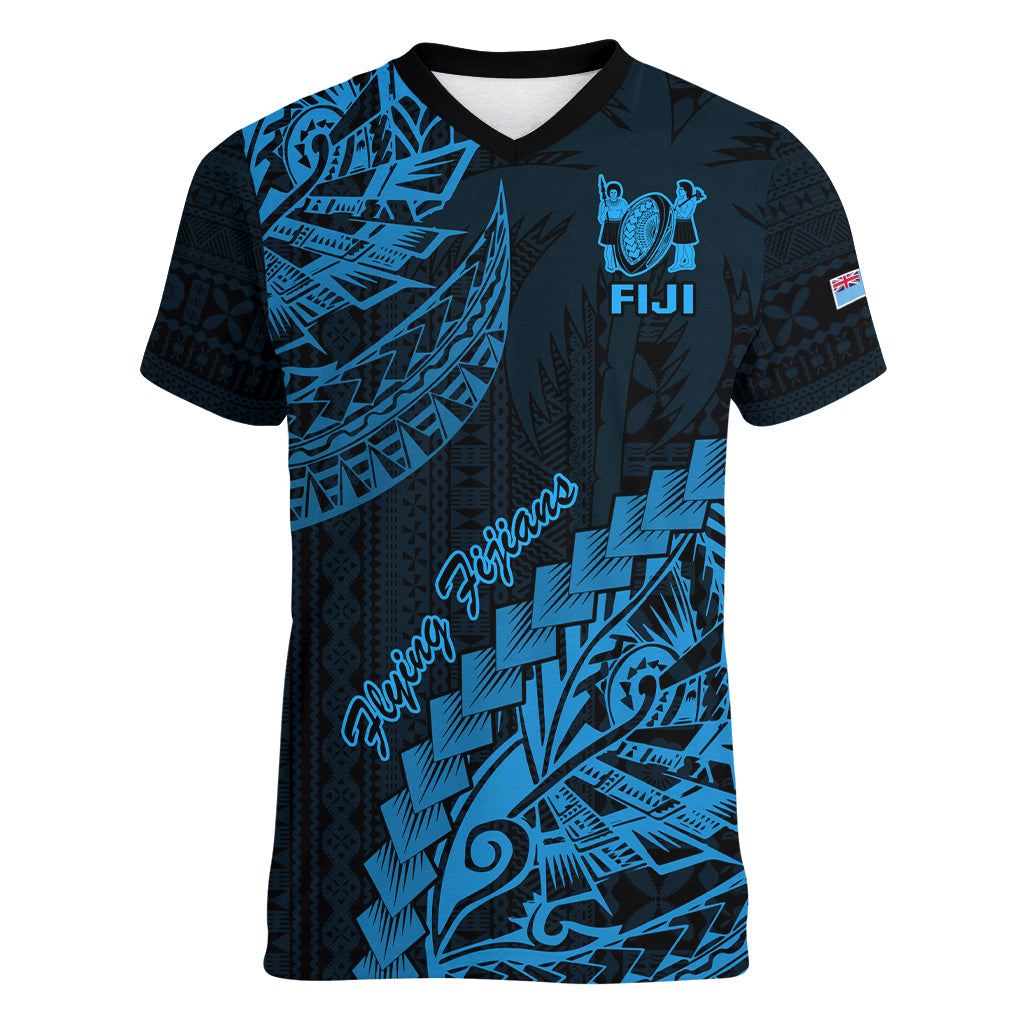 Fiji Rugby Women V Neck T Shirt Kaiviti Fijian Tribal World Cup Blue No2 LT9 Female Blue - Polynesian Pride