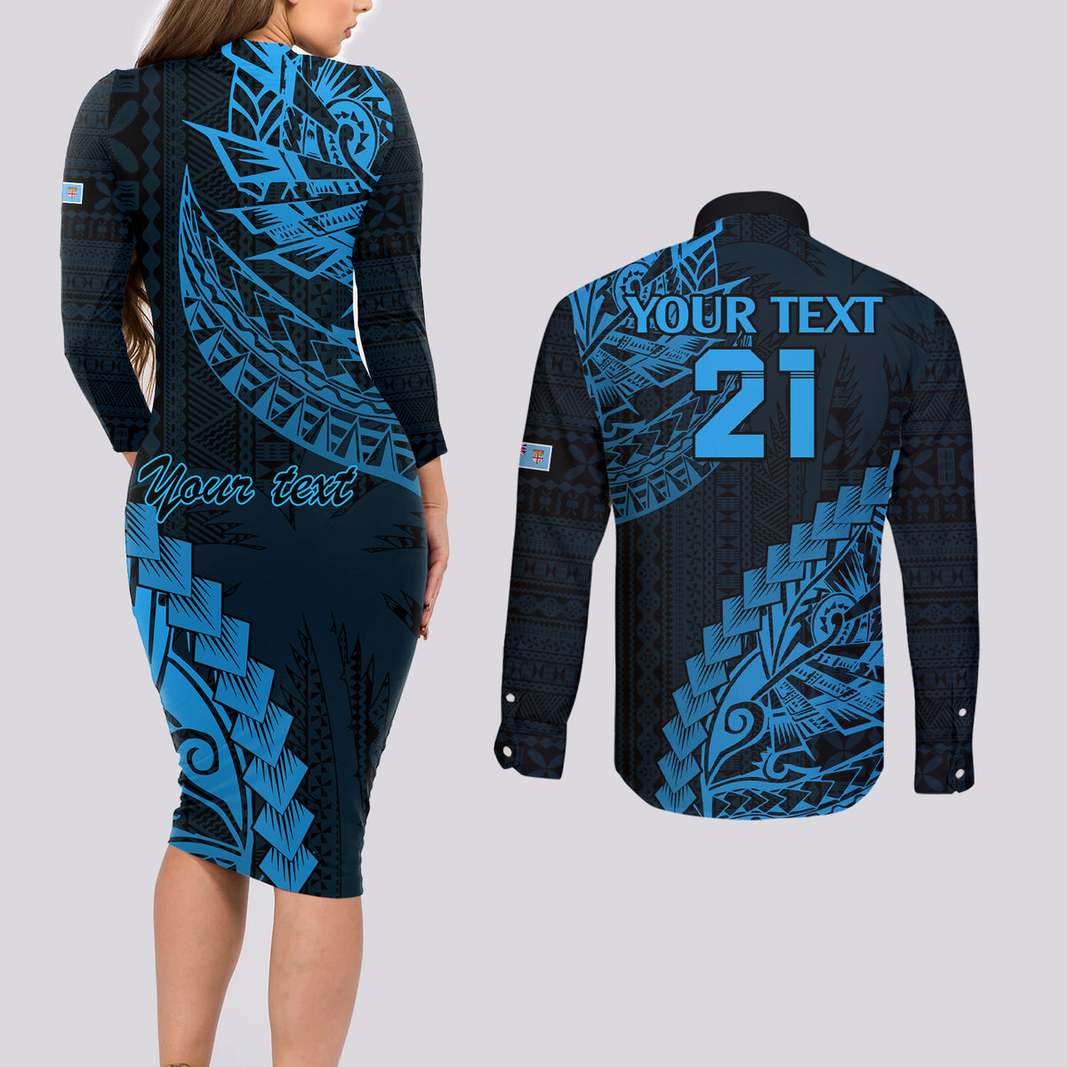 Custom Fiji Rugby Couples Matching Long Sleeve Bodycon Dress and Long Sleeve Button Shirt Kaiviti Fijian Tribal World Cup Blue No2 LT9 - Polynesian Pride