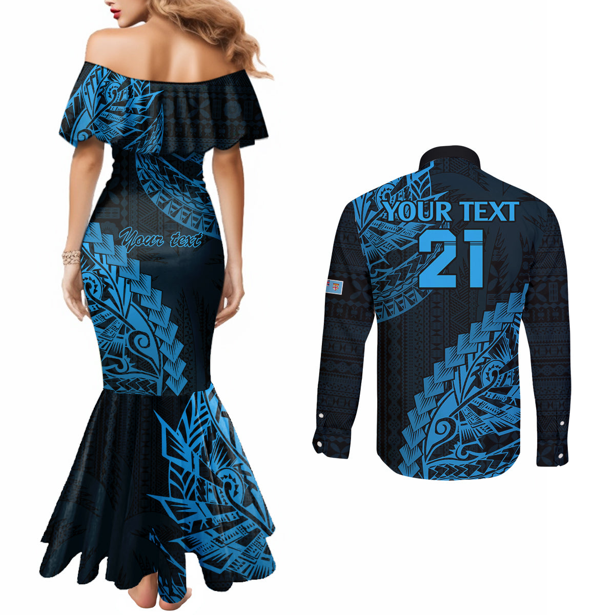 Custom Fiji Rugby Couples Matching Mermaid Dress and Long Sleeve Button Shirt Kaiviti Fijian Tribal World Cup Blue No2 LT9 - Polynesian Pride