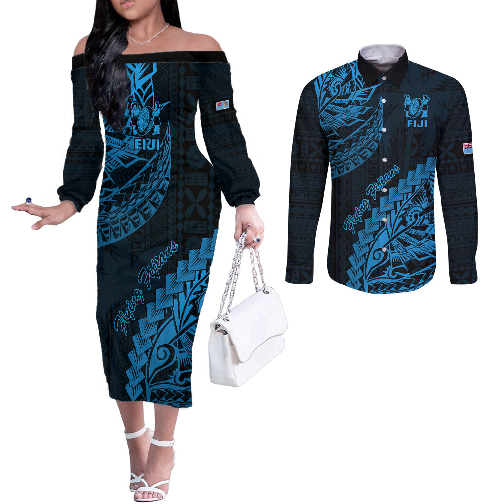 Custom Fiji Rugby Couples Matching Off The Shoulder Long Sleeve Dress and Long Sleeve Button Shirt Kaiviti Fijian Tribal World Cup Blue No2 LT9 Blue - Polynesian Pride