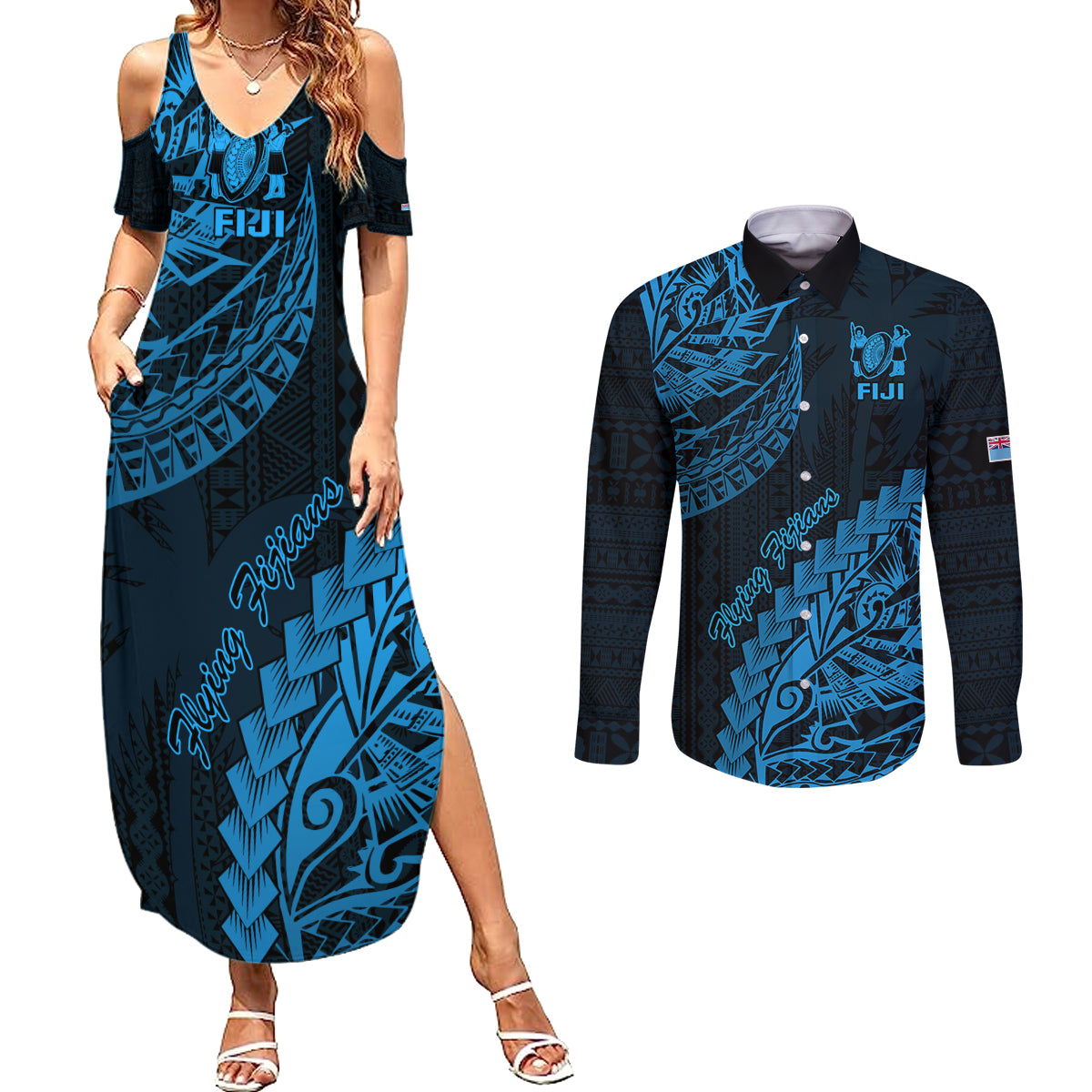 Custom Fiji Rugby Couples Matching Summer Maxi Dress and Long Sleeve Button Shirt Kaiviti Fijian Tribal World Cup Blue No2 LT9 Blue - Polynesian Pride
