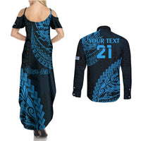 Custom Fiji Rugby Couples Matching Summer Maxi Dress and Long Sleeve Button Shirt Kaiviti Fijian Tribal World Cup Blue No2 LT9 - Polynesian Pride