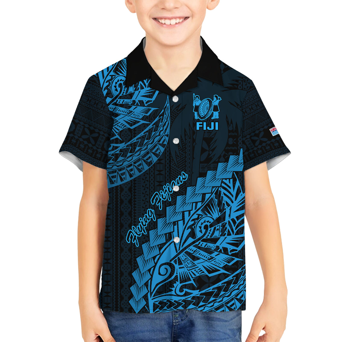 Custom Fiji Rugby Family Matching Off Shoulder Short Dress and Hawaiian Shirt Kaiviti Fijian Tribal World Cup Blue No2 LT9 Son's Shirt Blue - Polynesian Pride