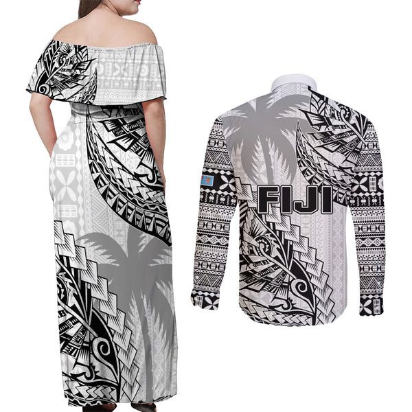 Fiji Rugby Couples Matching Summer Maxi Dress and Long Sleeve Button Shirts World Cup 2023 Go Champions Fijian Tapa Blue Version LT14