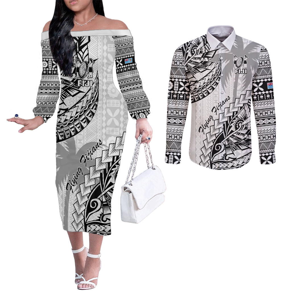 Fiji Rugby Couples Matching Off The Shoulder Long Sleeve Dress and Long Sleeve Button Shirt Kaiviti Fijian Tribal World Cup White LT9 White - Polynesian Pride