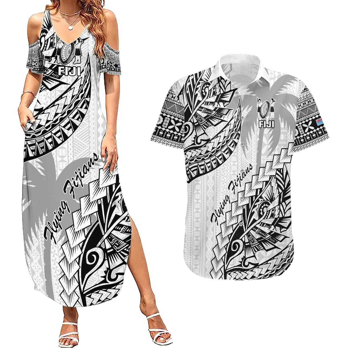 Fiji Rugby Couples Matching Summer Maxi Dress and Hawaiian Shirt Kaiviti Fijian Tribal World Cup White LT9 White - Polynesian Pride