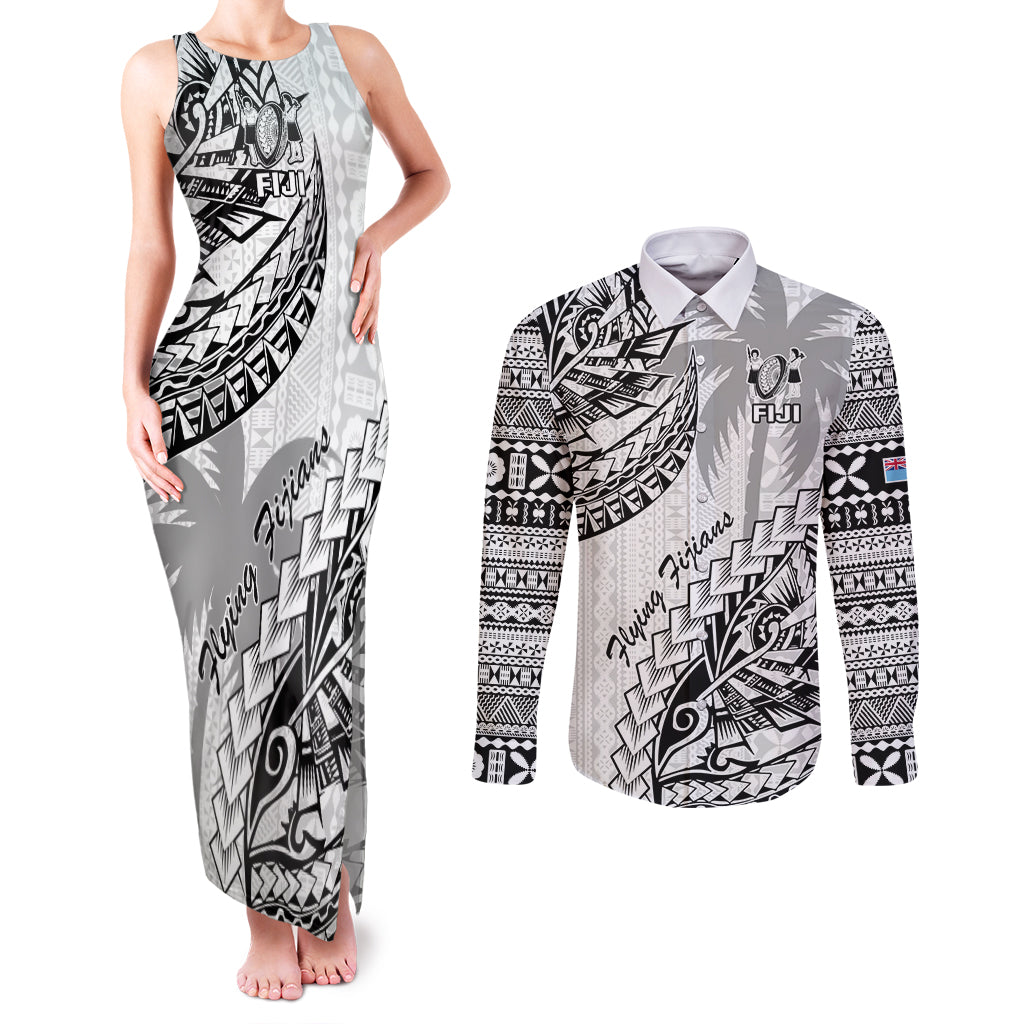 Fiji Rugby Couples Matching Tank Maxi Dress and Long Sleeve Button Shirt Kaiviti Fijian Tribal World Cup White LT9 White - Polynesian Pride