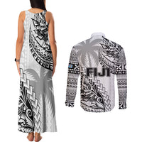 Fiji Rugby Couples Matching Tank Maxi Dress and Long Sleeve Button Shirt Kaiviti Fijian Tribal World Cup White LT9 - Polynesian Pride