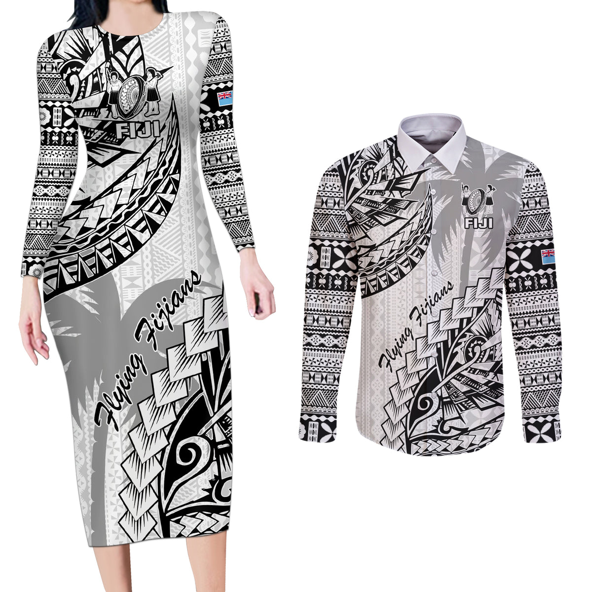Custom Fiji Rugby Couples Matching Long Sleeve Bodycon Dress and Long Sleeve Button Shirt Kaiviti Fijian Tribal World Cup White LT9 White - Polynesian Pride