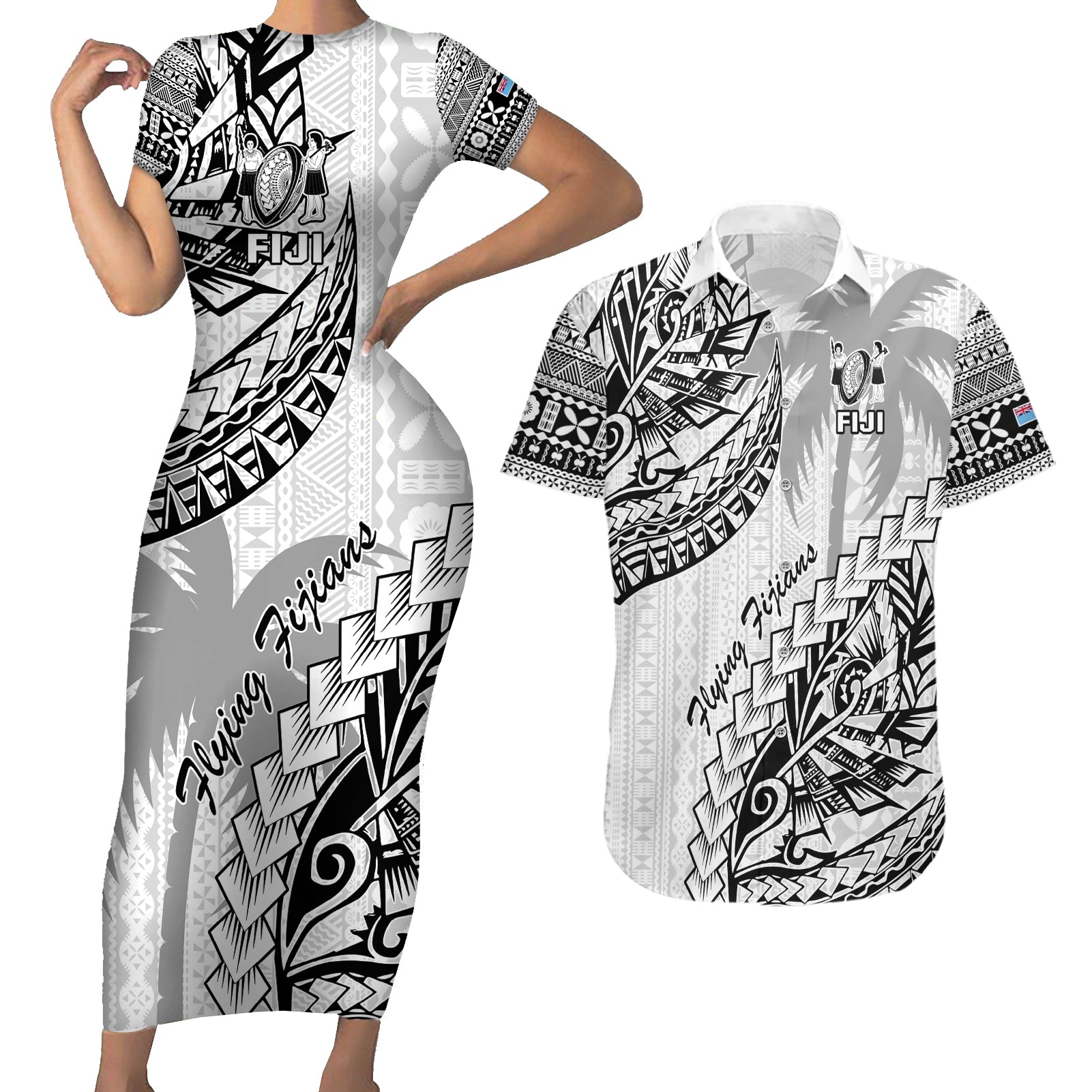 Custom Fiji Rugby Couples Matching Short Sleeve Bodycon Dress and Hawaiian Shirt Kaiviti Fijian Tribal World Cup White LT9 White - Polynesian Pride