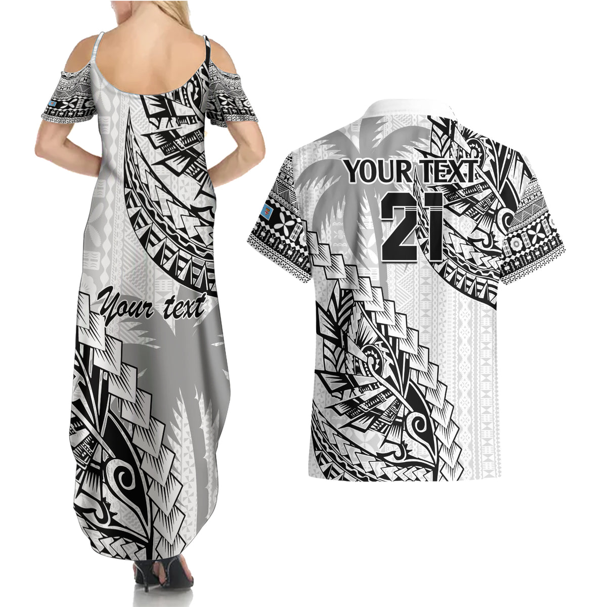 Custom Fiji Rugby Couples Matching Summer Maxi Dress and Hawaiian Shirt Kaiviti Fijian Tribal World Cup White LT9 - Polynesian Pride