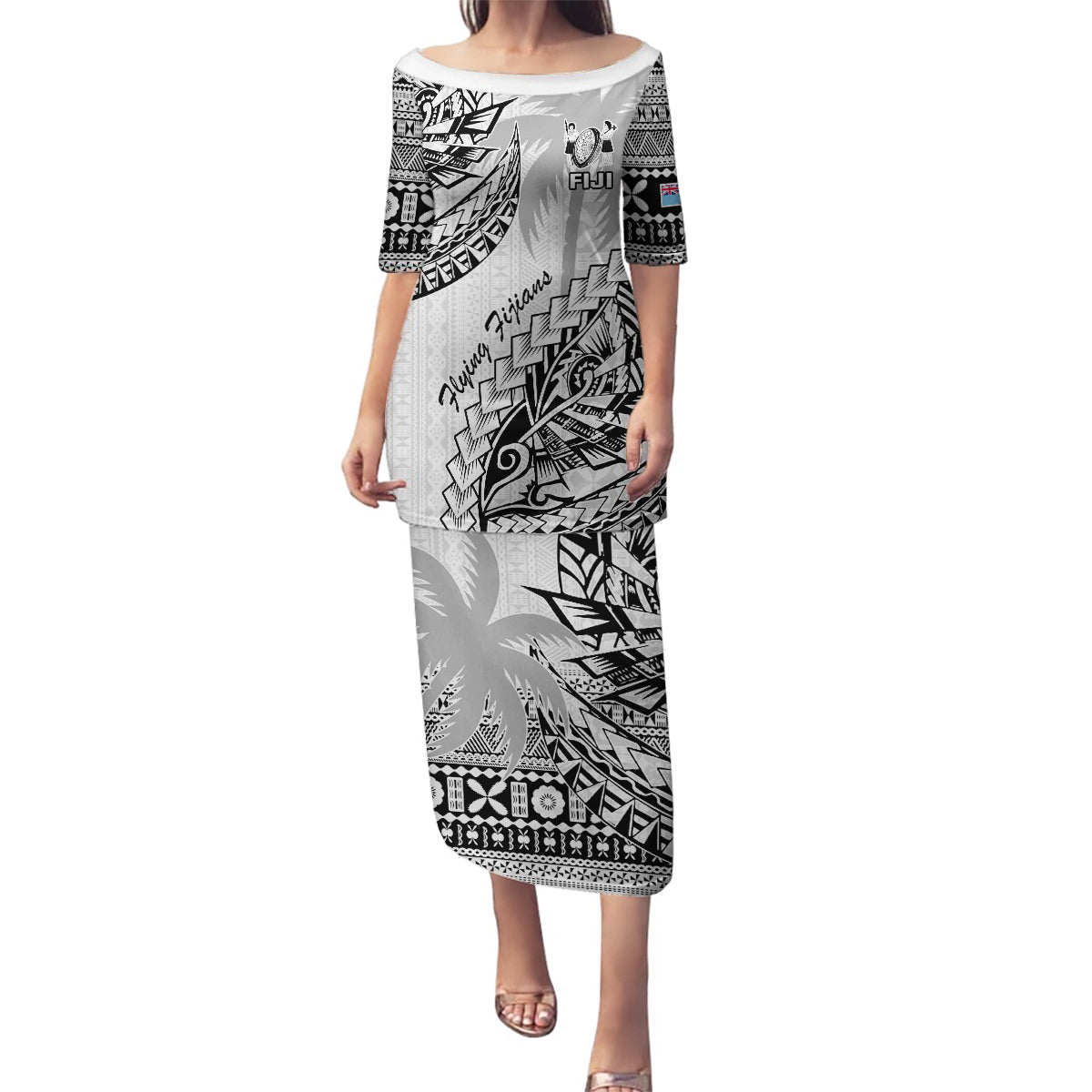 Custom Fiji Rugby Family Matching Puletasi Dress and Hawaiian Shirt Kaiviti Fijian Tribal World Cup White LT9 Mom's Dress White - Polynesian Pride