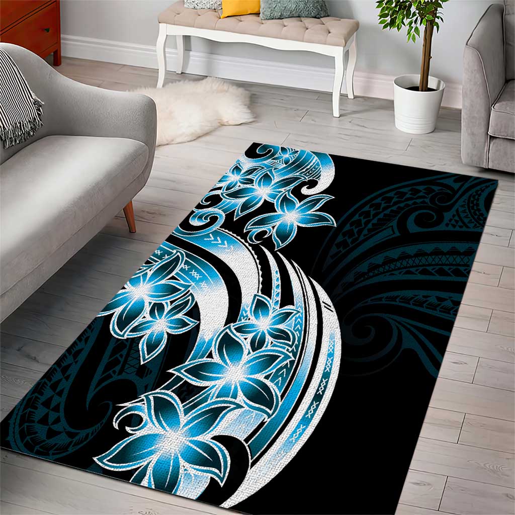 Plumeria Tribal Tattoo Area Rug Blue Polynesian Pattern