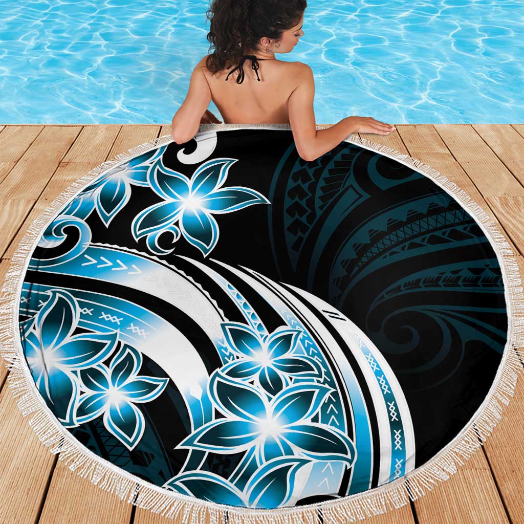 Plumeria Tribal Tattoo Beach Blanket Blue Polynesian Pattern