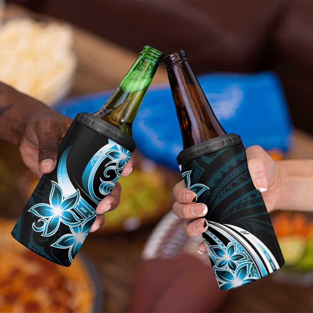 Plumeria Tribal Tattoo 4 in 1 Can Cooler Tumbler Blue Polynesian Pattern