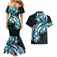 Plumeria Tribal Tattoo Couples Matching Mermaid Dress and Hawaiian Shirt Blue Polynesian Pattern
